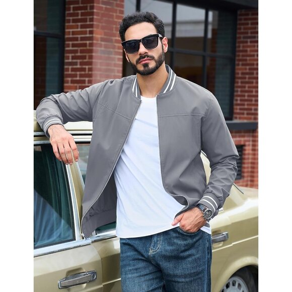 Mens Light Grey Bomber Lightweight Casual Spring Fall Windbreaker Zip Up Jacket - Picture 5 of 8